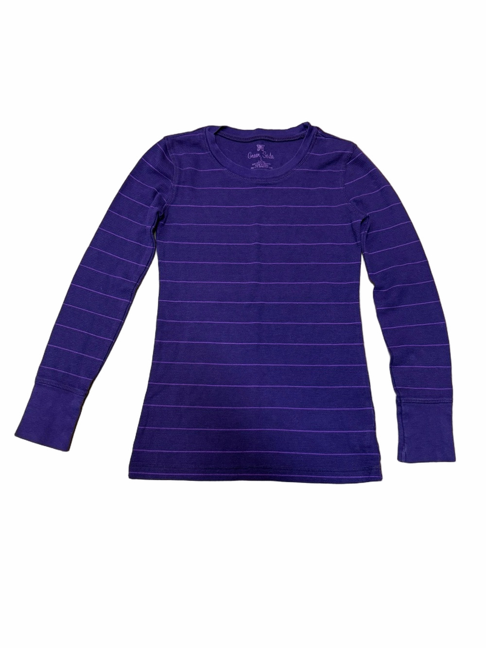 Green Soda Purple Striped Waffle Knit Thermal Long Sleeve Top Girls L 10-12